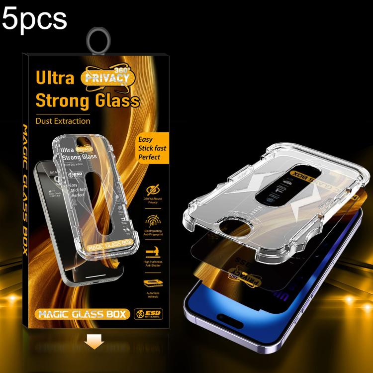 For iPhone 16 Plus / 15 Plus 5pcs Easy Install Dust-proof Box 360 Privacy Tempered Glass Film