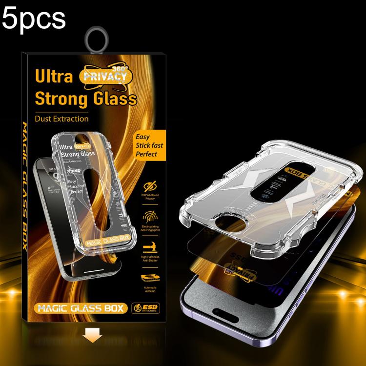 For iPhone 15 Pro Max 5pcs Easy Install Dust-proof Box 360 Privacy Tempered Glass Film