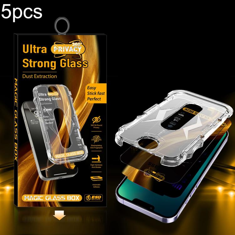 For iPhone 14 Plus / 13 Pro Max 5pcs Easy Install Dust-proof Box 360 Privacy Tempered Glass Film