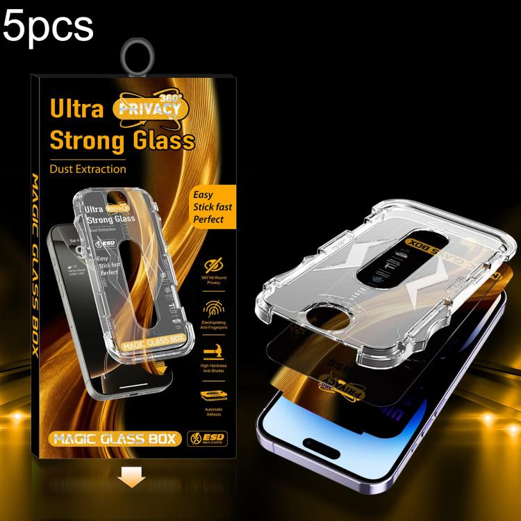 For iPhone 14 Pro 5pcs Easy Install Dust-proof Box 360 Privacy Tempered Glass Film