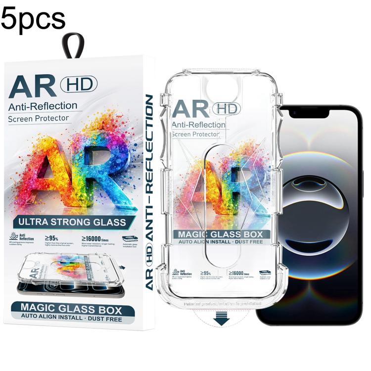 For iPhone 17e / 16e / 14 / 13 Pro 5pcs Easy Install Dust-proof Box AR HD Tempered Glass Film