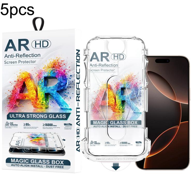 For iPhone 16 Pro Max 5pcs Easy Install Dust-proof Box AR HD Tempered Glass Film