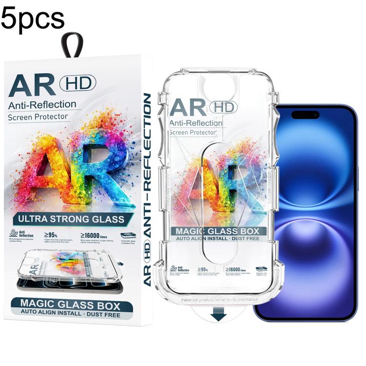 For iPhone 16 Plus / 15 Plus 5pcs Easy Install Dust-proof Box AR HD Tempered Glass Film