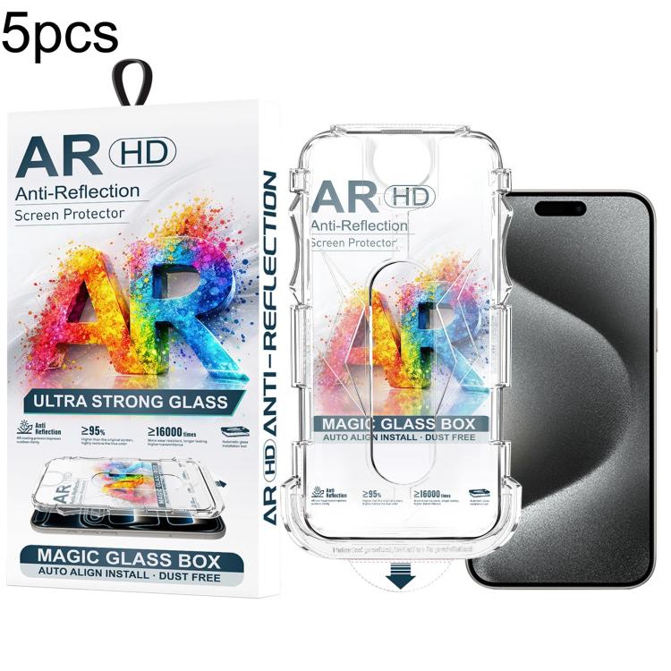 For iPhone 15 Pro Max 5pcs Easy Install Dust-proof Box AR HD Tempered Glass Film