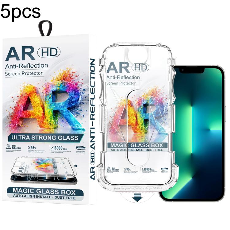 For iPhone 14 Plus / 13 Pro Max 5pcs Easy Install Dust-proof Box AR HD Tempered Glass Film