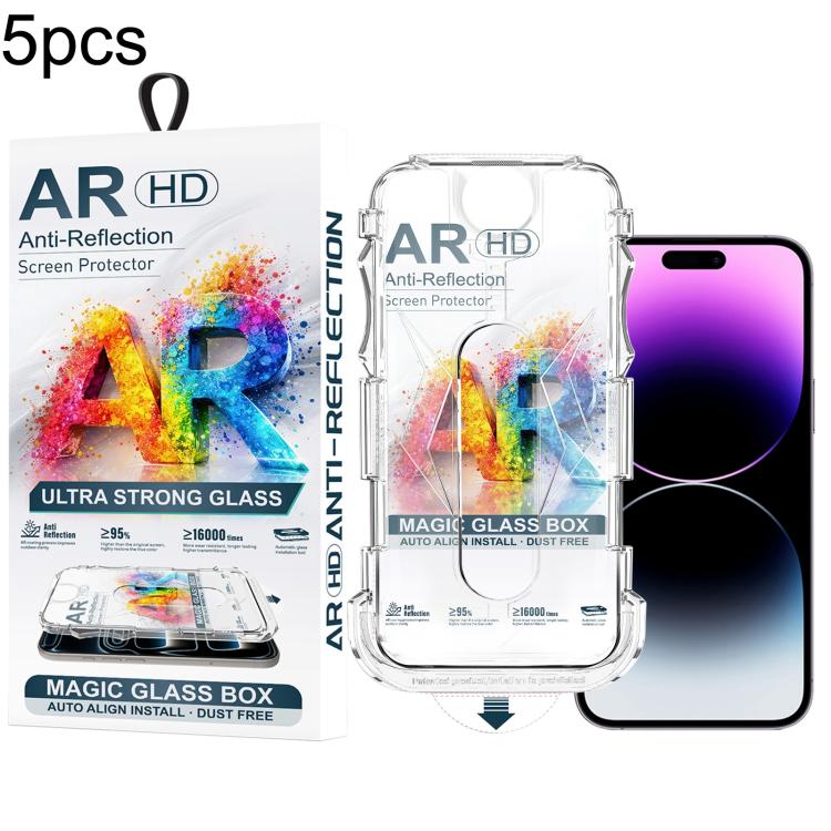 For iPhone 14 Pro Max 5pcs Easy Install Dust-proof Box AR HD Tempered Glass Film