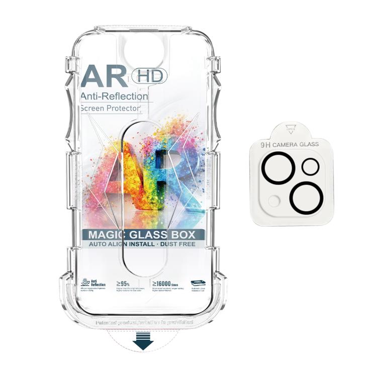 For iPhone 14 Plus 5pcs Easy Install Dust-proof Box AR HD Tempered Glass Film with Lens Film