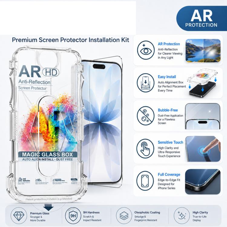 For iPhone 12 Pro 5pcs Easy Install Dust-proof Box AR HD Tempered Glass Film with Lens Film
