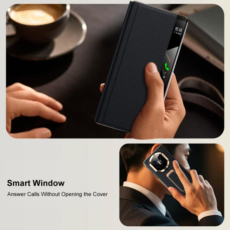 For Huawei Mate X7 Rotating Wristband Holder View Window Genuine Leather Phone Case