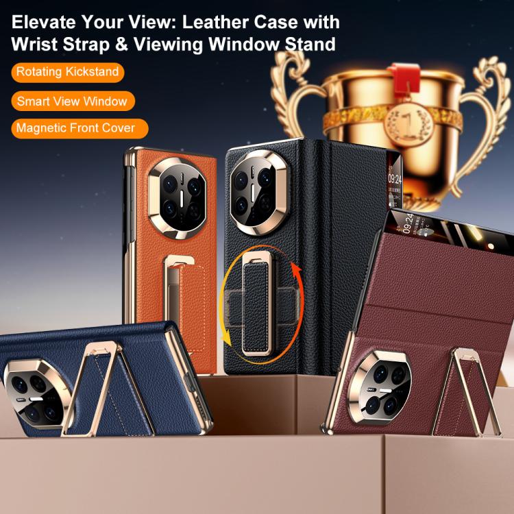 For Huawei Mate X7 Rotating Wristband Holder View Window Genuine Leather Phone Case