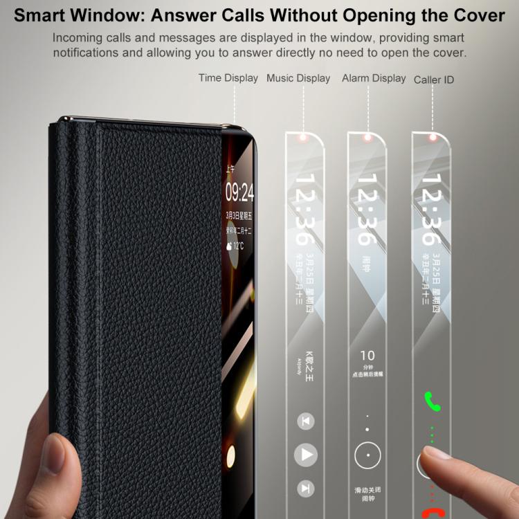 For Huawei Mate X7 Rotating Wristband Holder View Window Genuine Leather Phone Case