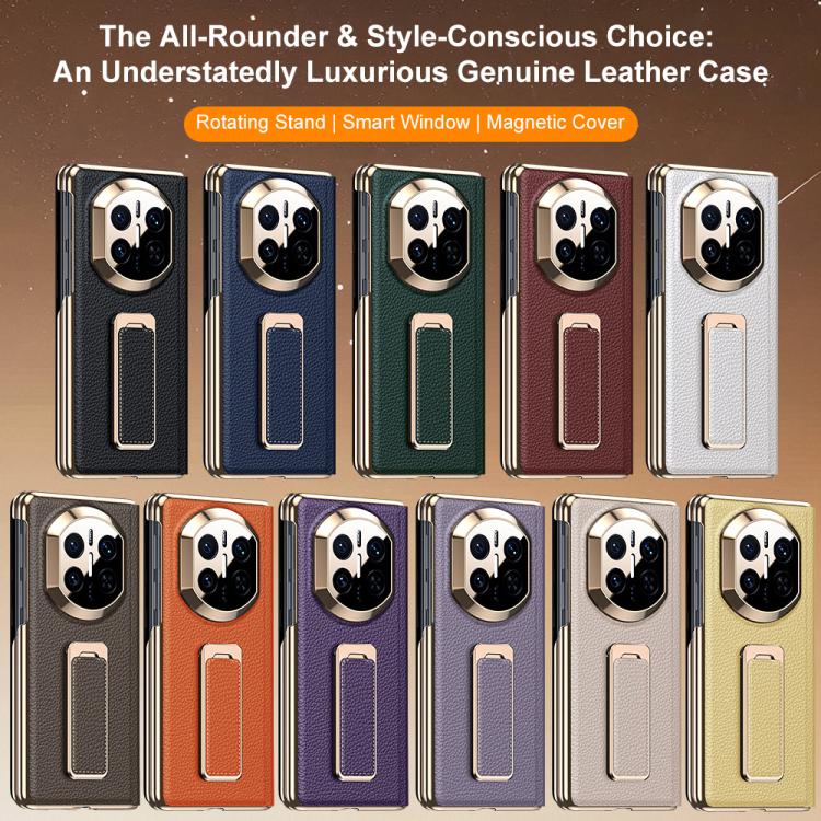 For Huawei Mate X7 Rotating Wristband Holder View Window Genuine Leather Phone Case