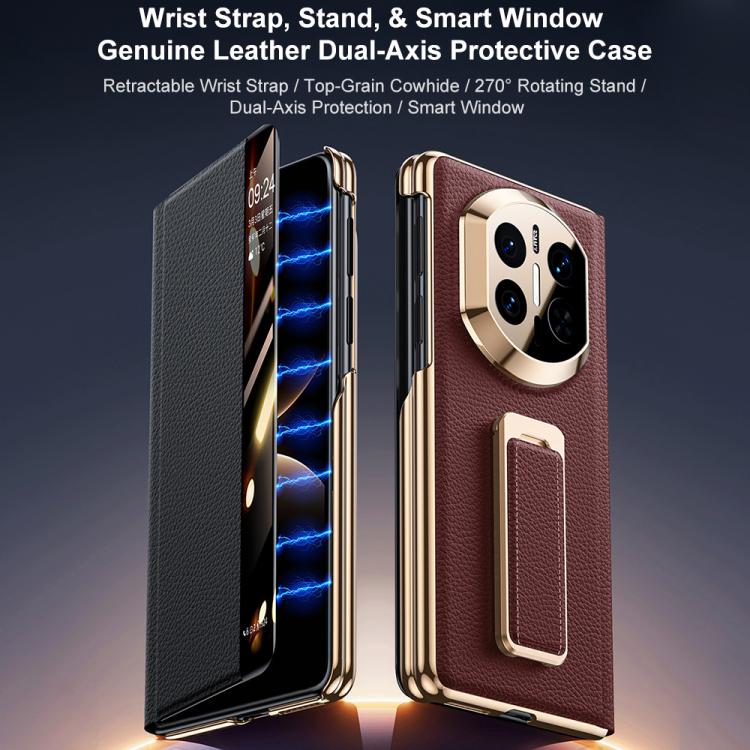 For Huawei Mate X7 Rotating Wristband Holder View Window Genuine Leather Phone Case