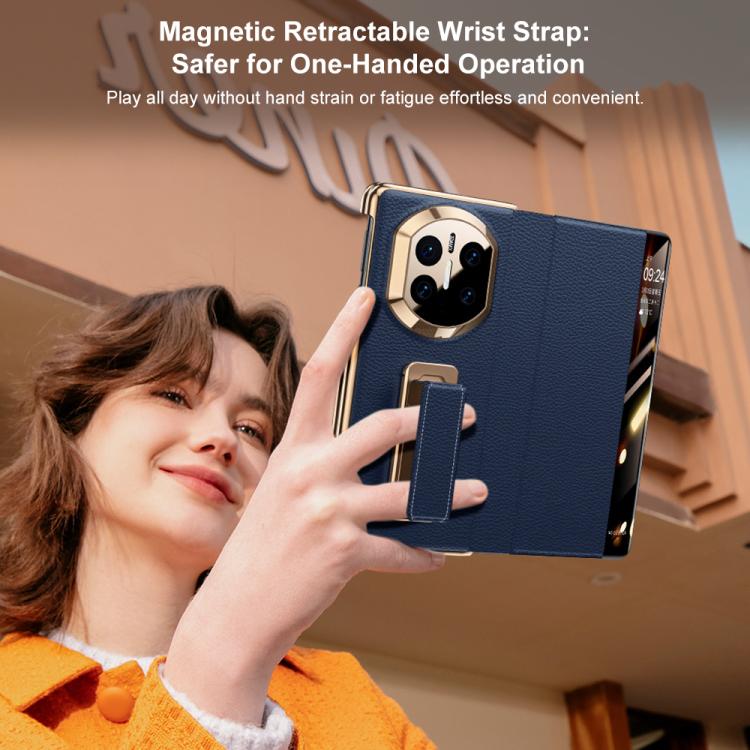 For Huawei Mate X7 Rotating Wristband Holder View Window Genuine Leather Phone Case