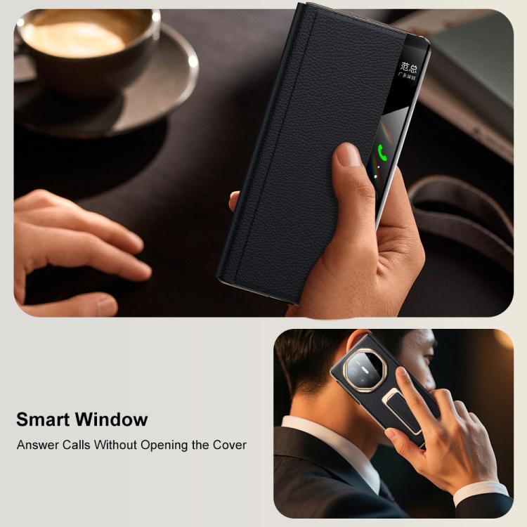 For Huawei Mate X6 Rotating Wristband Holder View Window Genuine Leather Phone Case