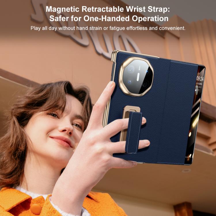 For Huawei Mate X6 Rotating Wristband Holder View Window Genuine Leather Phone Case