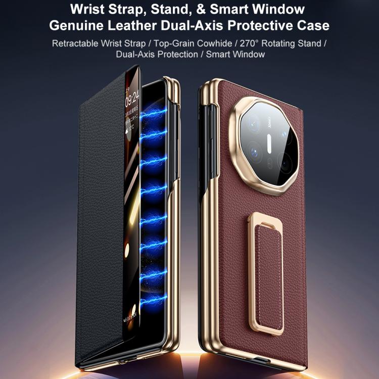 For Huawei Mate X6 Rotating Wristband Holder View Window Genuine Leather Phone Case