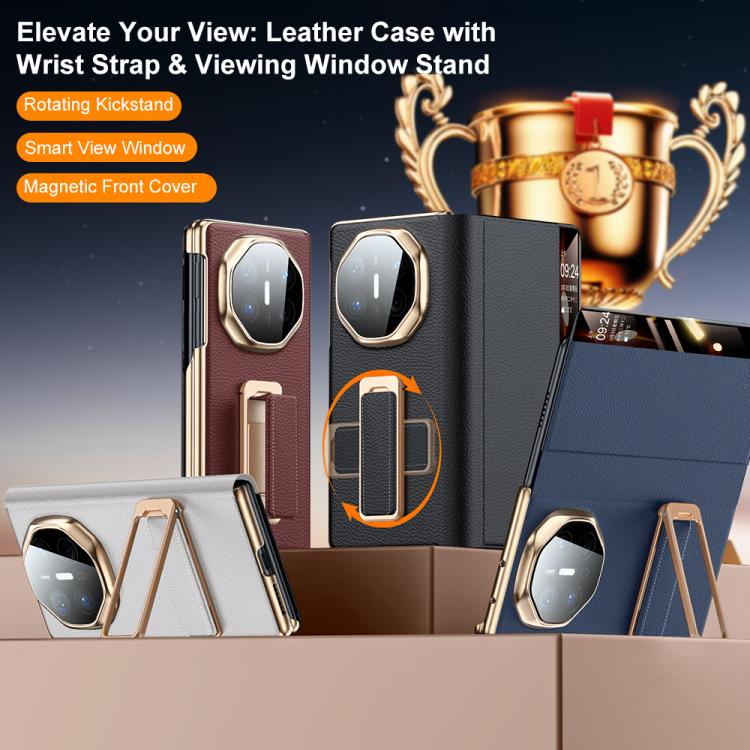 For Huawei Mate X6 Rotating Wristband Holder View Window Genuine Leather Phone Case