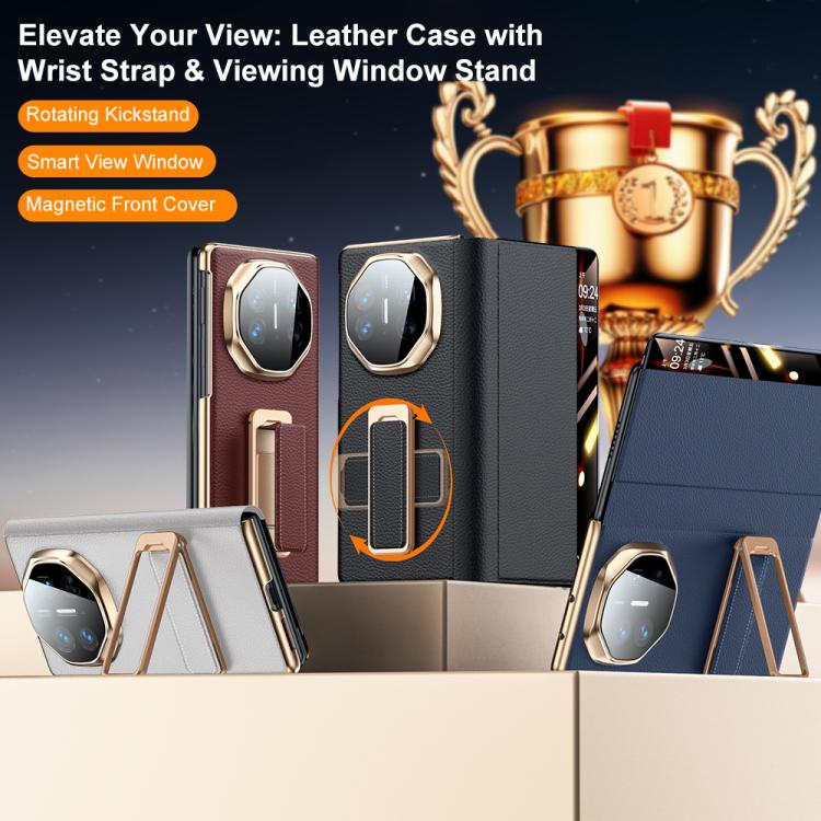 For Huawei Mate X5 Rotating Wristband Holder View Window Genuine Leather Phone Case
