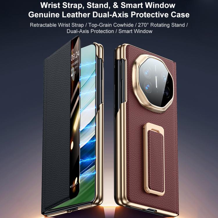 For Huawei Mate X5 Rotating Wristband Holder View Window Genuine Leather Phone Case