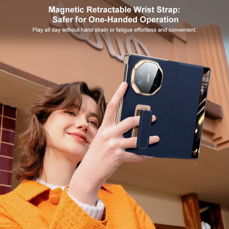For Huawei Mate X5 Rotating Wristband Holder View Window Genuine Leather Phone Case