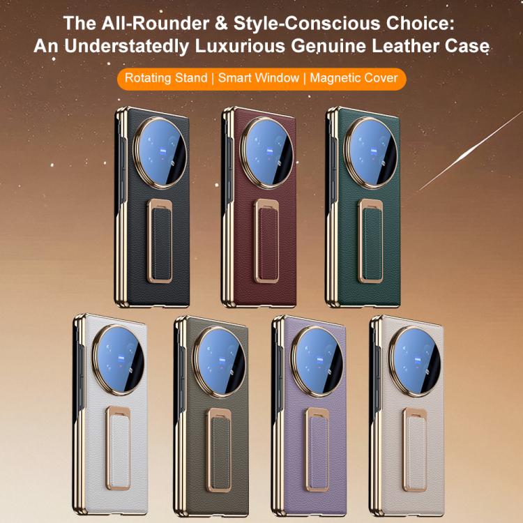 For vivo X Fold5 Rotating Wristband Holder View Window Genuine Leather Phone Case