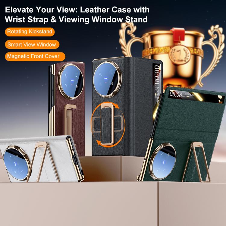 For vivo X Fold5 Rotating Wristband Holder View Window Genuine Leather Phone Case