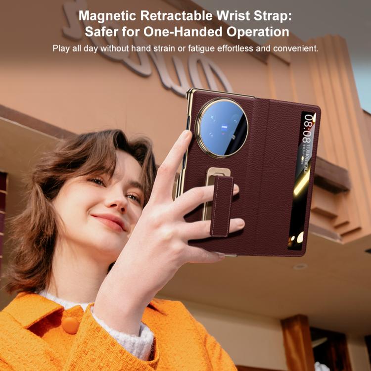 For vivo X Fold5 Rotating Wristband Holder View Window Genuine Leather Phone Case
