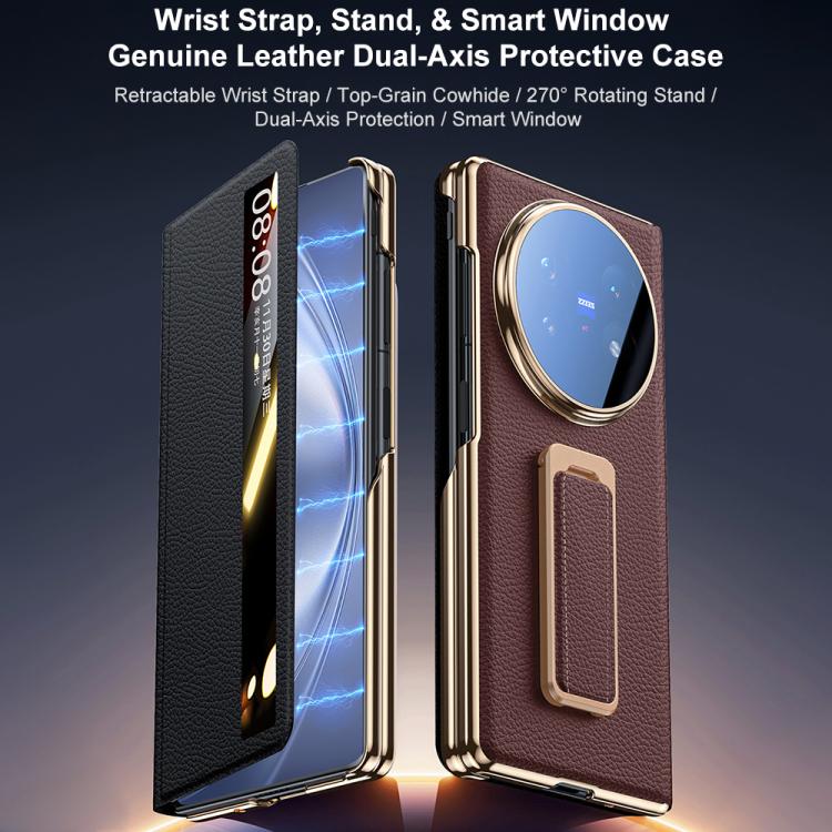 For vivo X Fold5 Rotating Wristband Holder View Window Genuine Leather Phone Case
