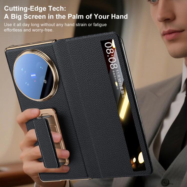 For vivo X Fold5 Rotating Wristband Holder View Window Genuine Leather Phone Case