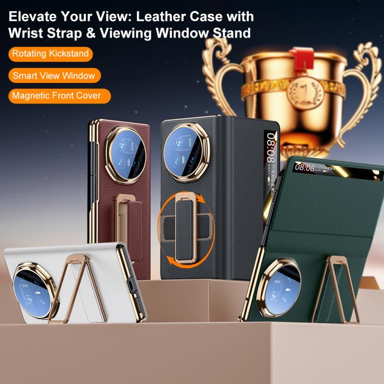 For Honor Magic V5 Rotating Wristband Holder View Window Genuine Leather Phone Case