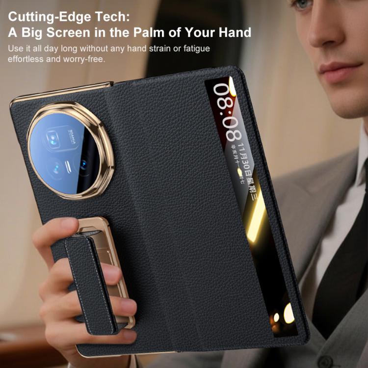 For Honor Magic V5 Rotating Wristband Holder View Window Genuine Leather Phone Case