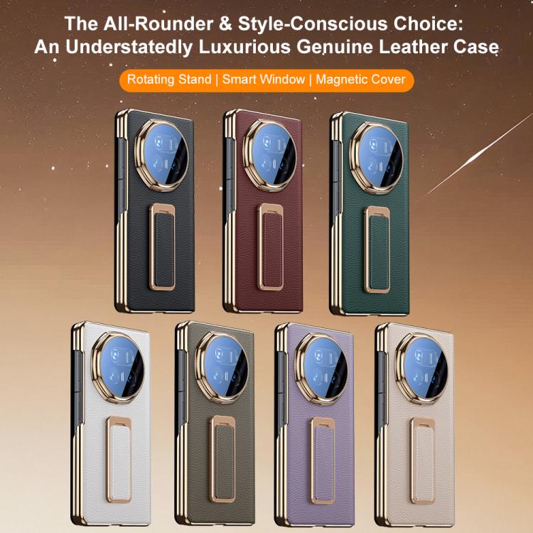 For Honor Magic V5 Rotating Wristband Holder View Window Genuine Leather Phone Case