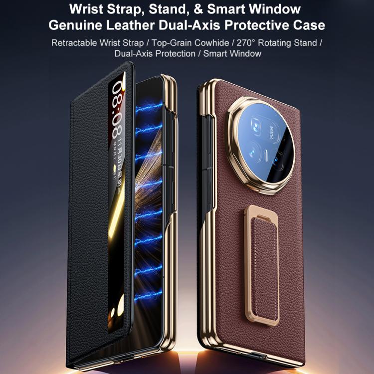For Honor Magic V5 Rotating Wristband Holder View Window Genuine Leather Phone Case