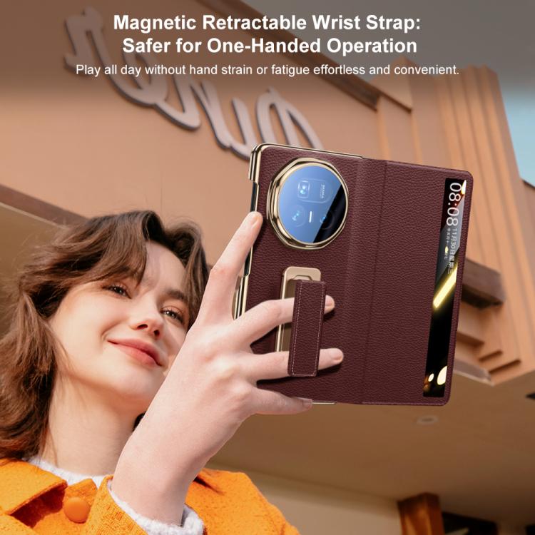 For Honor Magic V5 Rotating Wristband Holder View Window Genuine Leather Phone Case