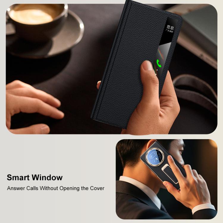 For Honor Magic V5 Rotating Wristband Holder View Window Genuine Leather Phone Case