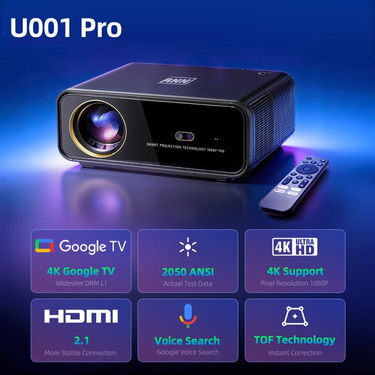 AUN U001 Pro 1080P 2050ANSI For Google TV Android 14 OS Smart Projector, Plug:UK Plug - Black