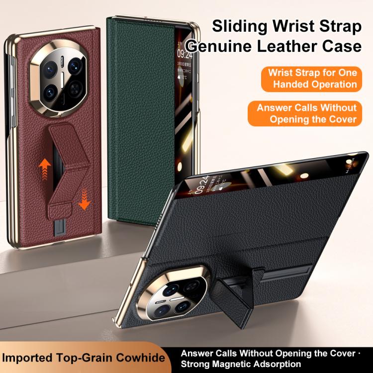 For Huawei Mate X7 Sliding Wristband Holder View Window Genuine Leather Phone Case