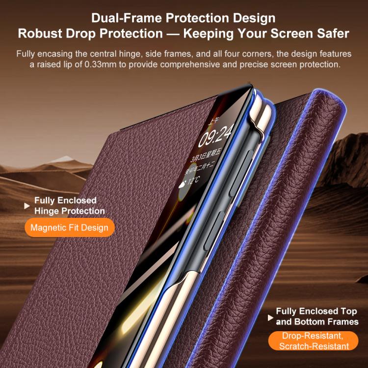 For Huawei Mate X7 Sliding Wristband Holder View Window Genuine Leather Phone Case