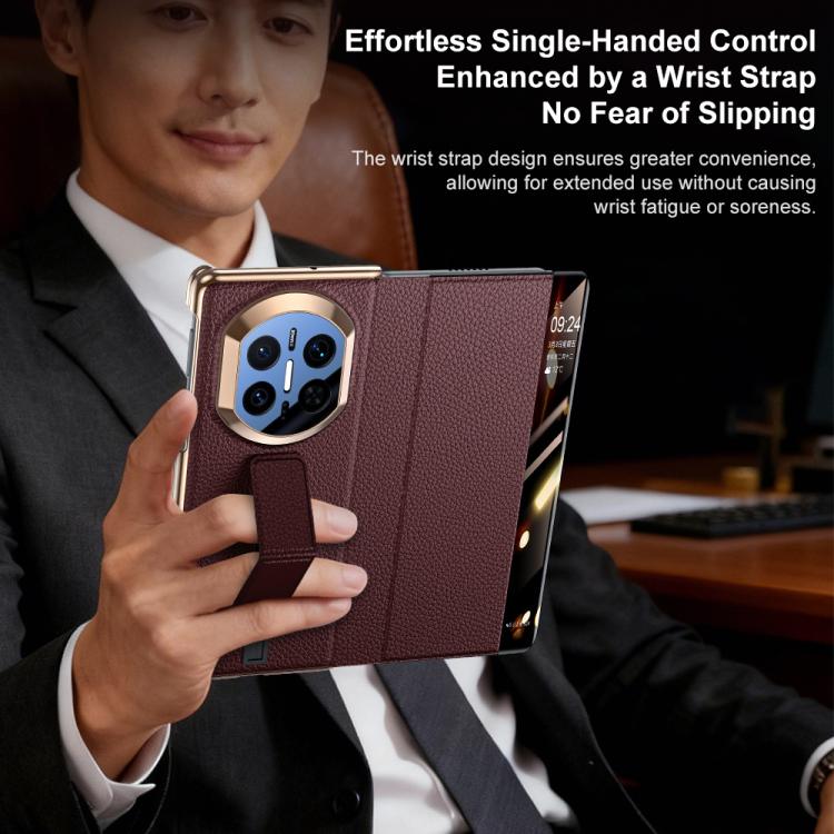 For Huawei Mate X7 Sliding Wristband Holder View Window Genuine Leather Phone Case