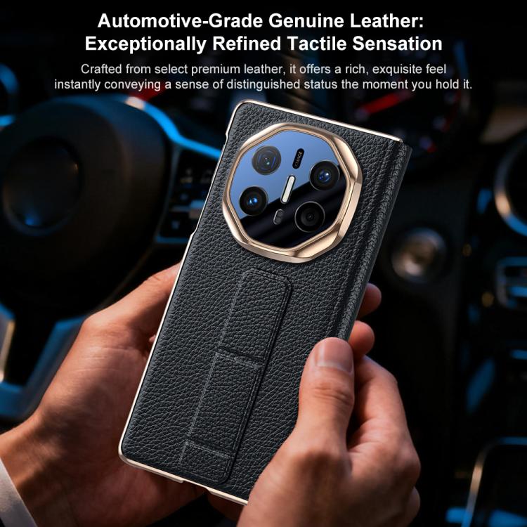 For Huawei Mate X6 Sliding Wristband Holder View Window Genuine Leather Phone Case