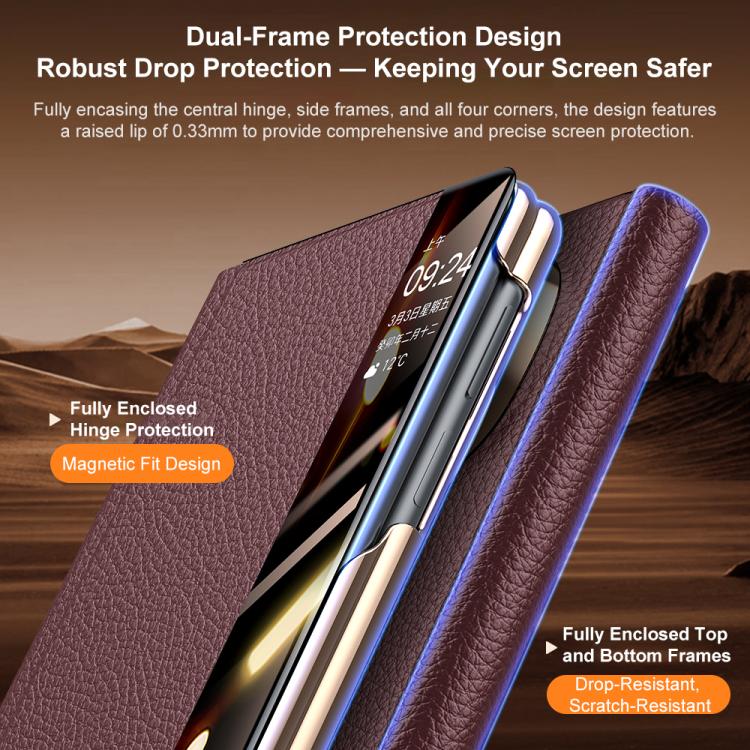For Huawei Mate X6 Sliding Wristband Holder View Window Genuine Leather Phone Case
