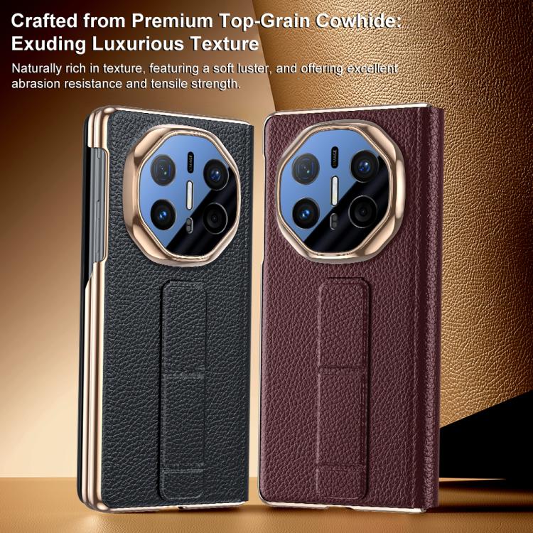 For Huawei Mate X6 Sliding Wristband Holder View Window Genuine Leather Phone Case