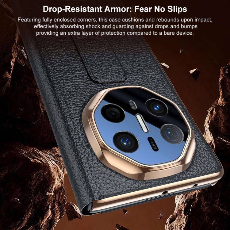 For Huawei Mate X6 Sliding Wristband Holder View Window Genuine Leather Phone Case