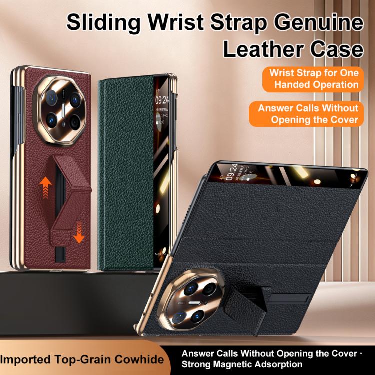 For Huawei Mate X5 Sliding Wristband Holder View Window Genuine Leather Phone Case