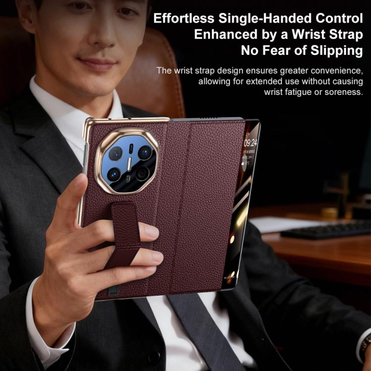 For Huawei Mate X5 Sliding Wristband Holder View Window Genuine Leather Phone Case