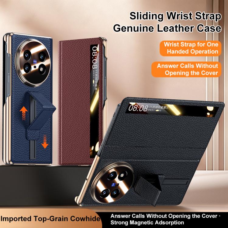 For vivo X Fold5 Sliding Wristband Holder View Window Genuine Leather Phone Case