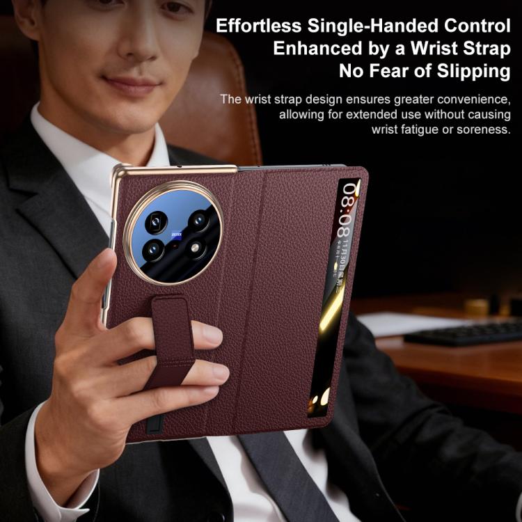 For vivo X Fold5 Sliding Wristband Holder View Window Genuine Leather Phone Case