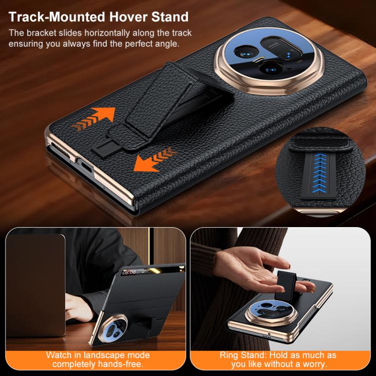 For Honor Magic V5 Sliding Wristband Holder View Window Genuine Leather Phone Case