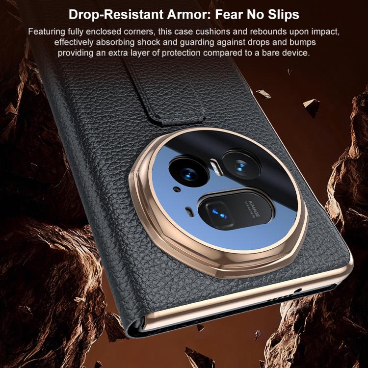For Honor Magic V5 Sliding Wristband Holder View Window Genuine Leather Phone Case